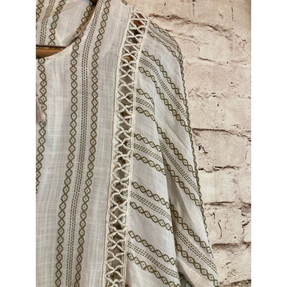 Elan Peasant Top Womens Medium Olive & Ivory Crochet Trim Boho Cottage Feminine - Picture 6 of 13